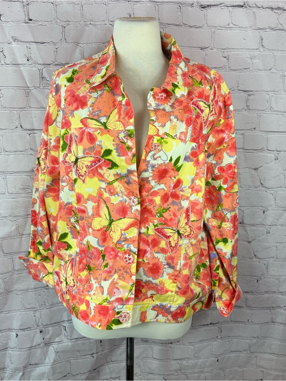 breckenridge butterfly Floral Bomber Jacket women XL coastal grandma sequin boho